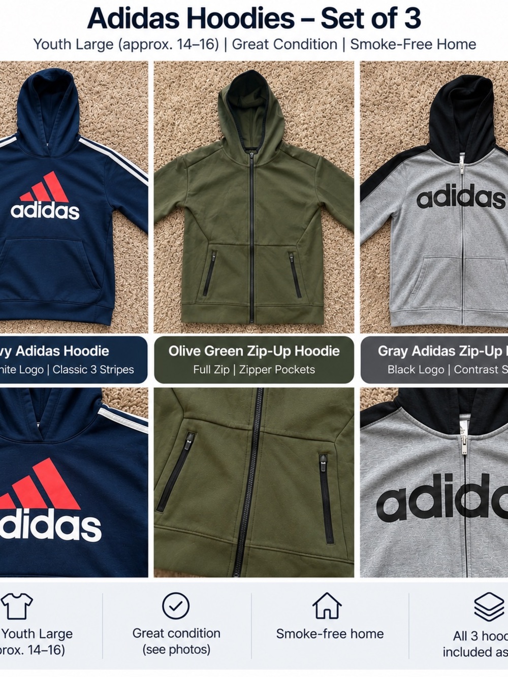 2 Adidas Youth Large Hoodies – 1 DSG sweater